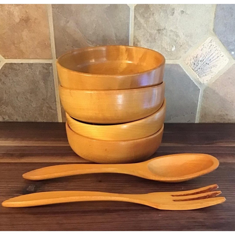 Vintage Wolverine Grand Rapids Wood Salad Bowl Set 7pc Cottagecore Farmhouse MCM - Picture 3 of 16